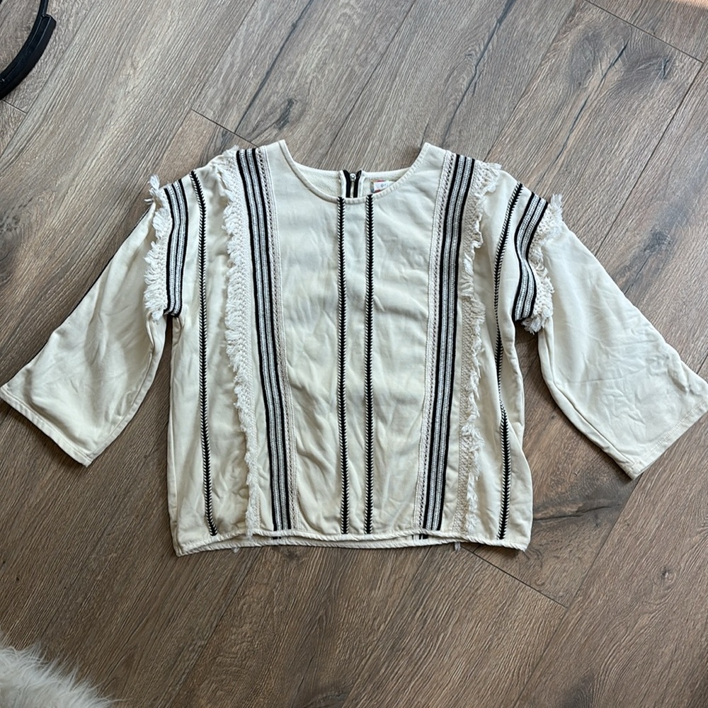 Anthropologie Eri & Ali Top Fringe Trim Black Cream Blouse Women Size Medium - Picture 2 of 12